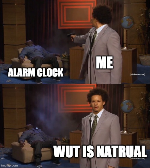 Who Killed Hannibal Meme | ME; ALARM CLOCK; WUT IS NATRUAL | image tagged in memes,who killed hannibal | made w/ Imgflip meme maker