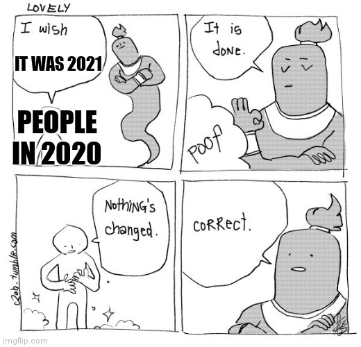Nothing changed | IT WAS 2021; PEOPLE IN 2020 | image tagged in i wish genie nothing's changed | made w/ Imgflip meme maker