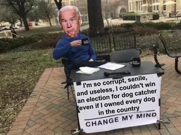 Sounds Legit | I'm so corrupt, senile,
and useless, I couldn't win
an election for dog catcher
even if I owned every dog 
in the country | image tagged in memes,change my mind,election fraud,rigged elections | made w/ Imgflip meme maker