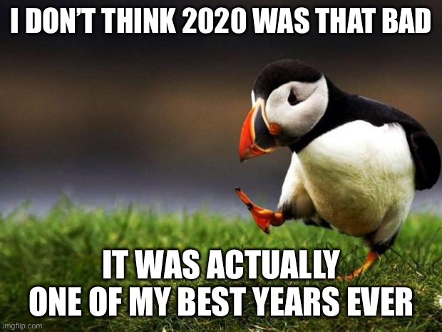 Unpopular Opinion Puffin |  I DON’T THINK 2020 WAS THAT BAD; IT WAS ACTUALLY ONE OF MY BEST YEARS EVER | image tagged in memes,unpopular opinion puffin,2020,new years | made w/ Imgflip meme maker