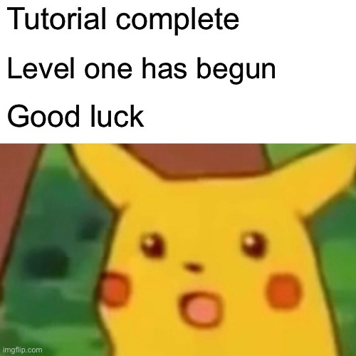 Surprised Pikachu | Tutorial complete; Level one has begun; Good luck | image tagged in memes,surprised pikachu | made w/ Imgflip meme maker