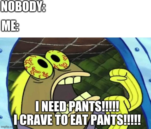 Give Me The Pants And Nobody Gets Hurt | NOBODY:; ME:; I NEED PANTS!!!!!
I CRAVE TO EAT PANTS!!!!! | image tagged in blank white template,spongebob chocolate | made w/ Imgflip meme maker
