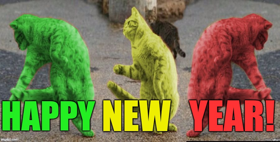 From rlaiyvceast to y’all | NEW; YEAR! HAPPY | image tagged in three dancing raycats,memes | made w/ Imgflip meme maker