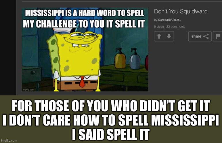 FOR THOSE OF YOU WHO DIDN’T GET IT
I DON’T CARE HOW TO SPELL MISSISSIPPI
I SAID SPELL IT | made w/ Imgflip meme maker