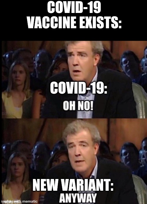 Well we tried | COVID-19 VACCINE EXISTS:; COVID-19:; NEW VARIANT: | image tagged in oh no anyway,covid-19,vaccines,new variant | made w/ Imgflip meme maker