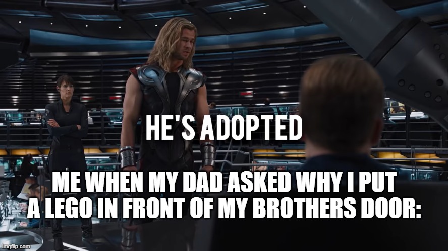 ME WHEN MY DAD ASKED WHY I PUT A LEGO IN FRONT OF MY BROTHERS DOOR: | image tagged in adopted | made w/ Imgflip meme maker