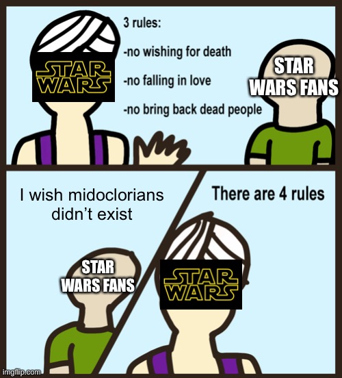 Midoclorians are a bigger villain than any sith lord | STAR WARS FANS; I wish midoclorians didn’t exist; STAR WARS FANS | image tagged in star wars,funny,random,genie rules meme | made w/ Imgflip meme maker