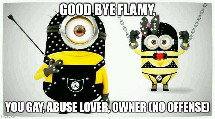 BDSM Minions | GOOD BYE FLAMY, YOU GAY, ABUSE LOVER, OWNER (NO OFFENSE) | image tagged in bdsm minions,lilflamy,flamy,christmas icey | made w/ Imgflip meme maker