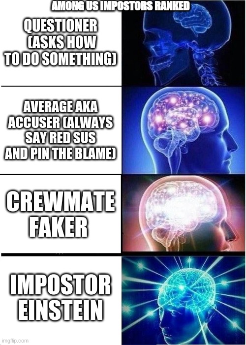 Expanding Brain Meme | AMONG US IMPOSTORS RANKED; QUESTIONER  (ASKS HOW TO DO SOMETHING); AVERAGE AKA ACCUSER (ALWAYS SAY RED SUS AND PIN THE BLAME); CREWMATE FAKER; IMPOSTOR EINSTEIN | image tagged in memes,expanding brain,there is one impostor among us | made w/ Imgflip meme maker