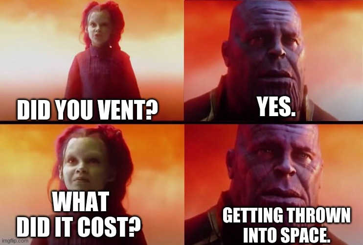 What did it cost? | YES. DID YOU VENT? WHAT DID IT COST? GETTING THROWN INTO SPACE. | image tagged in what did it cost,emergency meeting among us,among us,among us ejected | made w/ Imgflip meme maker