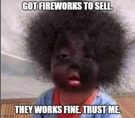 fff | GOT FIREWORKS TO SELL. THEY WORKS FINE. TRUST ME. | image tagged in funny | made w/ Imgflip meme maker