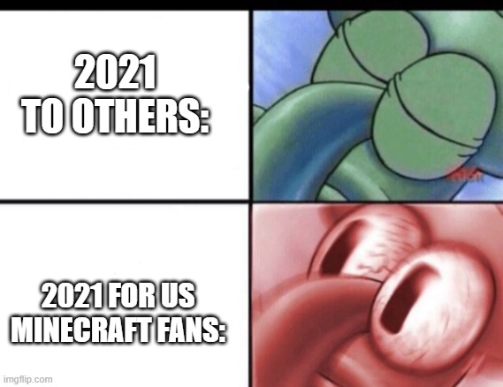 Who else is excited for Caves and Cliffs? | 2021 TO OTHERS:; 2021 FOR US MINECRAFT FANS: | image tagged in squidward sleeping | made w/ Imgflip meme maker