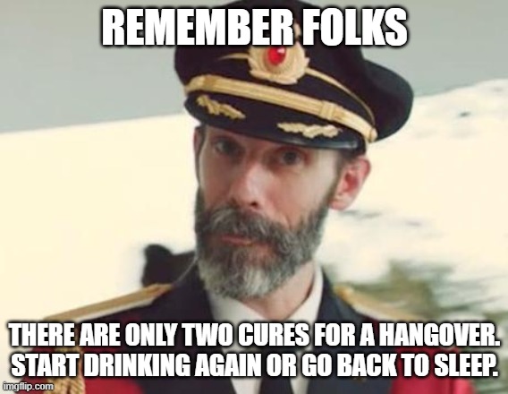 New Years Day Morning Advice | REMEMBER FOLKS; THERE ARE ONLY TWO CURES FOR A HANGOVER. START DRINKING AGAIN OR GO BACK TO SLEEP. | image tagged in captain obvious,drinking,memes,2021 | made w/ Imgflip meme maker