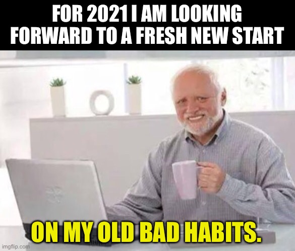 Fresh new start | FOR 2021 I AM LOOKING FORWARD TO A FRESH NEW START; ON MY OLD BAD HABITS. | image tagged in harold | made w/ Imgflip meme maker