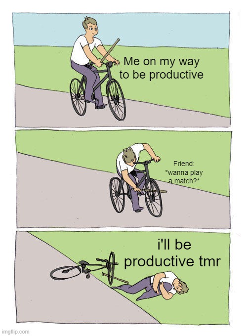 why must u hurt me in this way | Me on my way to be productive; Friend: *wanna play a match?*; i'll be productive tmr | image tagged in memes,bike fall | made w/ Imgflip meme maker