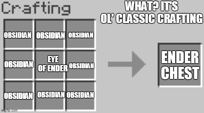 ol' regular crafting | WHAT? IT'S OL' CLASSIC CRAFTING; OBSIDIAN; OBSIDIAN; OBSIDIAN; ENDER CHEST; EYE OF ENDER; OBSIDIAN; OBSIDIAN; OBSIDIAN; OBSIDIAN; OBSIDIAN | image tagged in synthesis | made w/ Imgflip meme maker