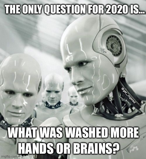 Robots Meme | THE ONLY QUESTION FOR 2020 IS... @get_rogered; WHAT WAS WASHED MORE; HANDS OR BRAINS? | image tagged in memes,robots | made w/ Imgflip meme maker