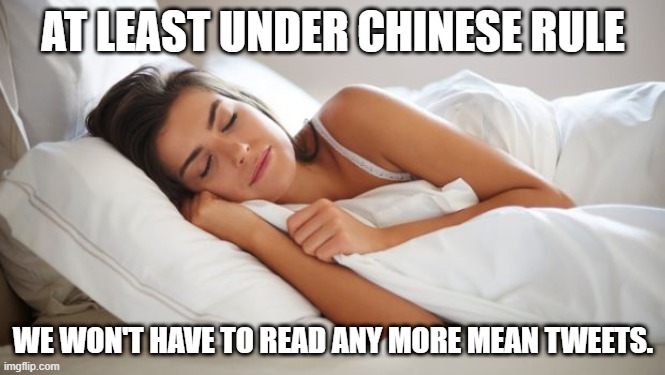 Under Chinese Rule | AT LEAST UNDER CHINESE RULE; WE WON'T HAVE TO READ ANY MORE MEAN TWEETS. | image tagged in sleeping woman,political memes,china,oppression,election 2020,censorship | made w/ Imgflip meme maker