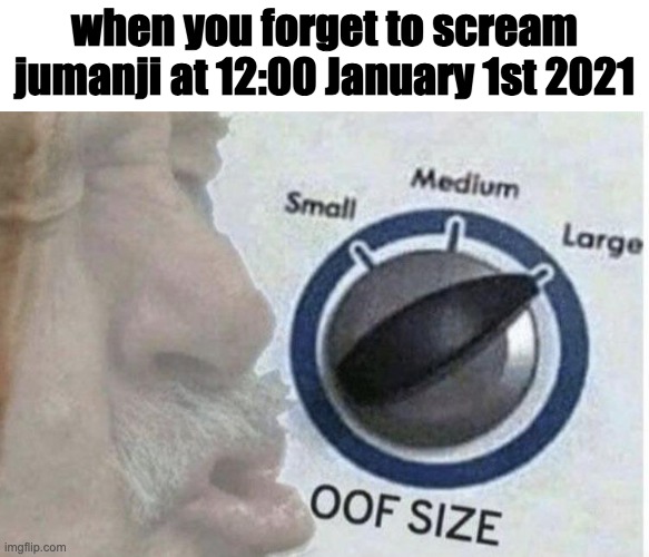 i hope you screamed it to end this game of 2020 | when you forget to scream jumanji at 12:00 January 1st 2021 | image tagged in oof size large,2020,2021,oof,jumanji | made w/ Imgflip meme maker