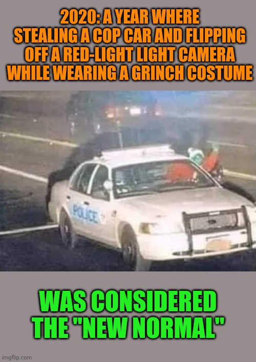 The Grinch that stole cop cars | 2020: A YEAR WHERE STEALING A COP CAR AND FLIPPING OFF A RED-LIGHT LIGHT CAMERA WHILE WEARING A GRINCH COSTUME; WAS CONSIDERED THE "NEW NORMAL" | image tagged in 2020,cop,car,stealing,grinch,flipping the bird | made w/ Imgflip meme maker