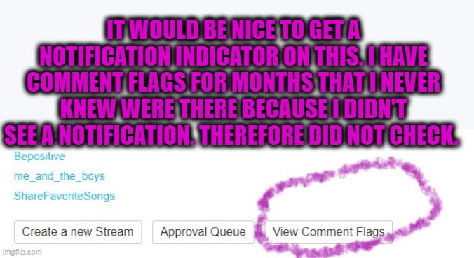 I cannot be the only one. | IT WOULD BE NICE TO GET A NOTIFICATION INDICATOR ON THIS. I HAVE COMMENT FLAGS FOR MONTHS THAT I NEVER KNEW WERE THERE BECAUSE I DIDN'T SEE A NOTIFICATION. THEREFORE DID NOT CHECK. | image tagged in nixieknox,memes | made w/ Imgflip meme maker