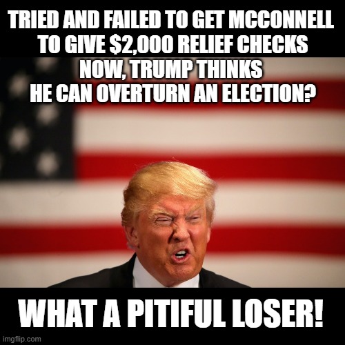 74 million Completely Fooled by a Criminal Conman | TRIED AND FAILED TO GET MCCONNELL 
TO GIVE $2,000 RELIEF CHECKS
NOW, TRUMP THINKS 
HE CAN OVERTURN AN ELECTION? WHAT A PITIFUL LOSER! | image tagged in impeached,loser,traitor,pathological liar,narcissist,genocide | made w/ Imgflip meme maker