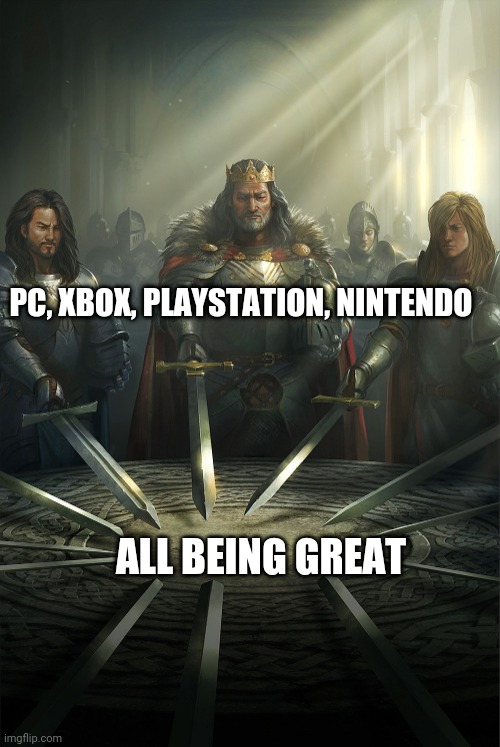 Swords united | PC, XBOX, PLAYSTATION, NINTENDO; ALL BEING GREAT | image tagged in swords united | made w/ Imgflip meme maker
