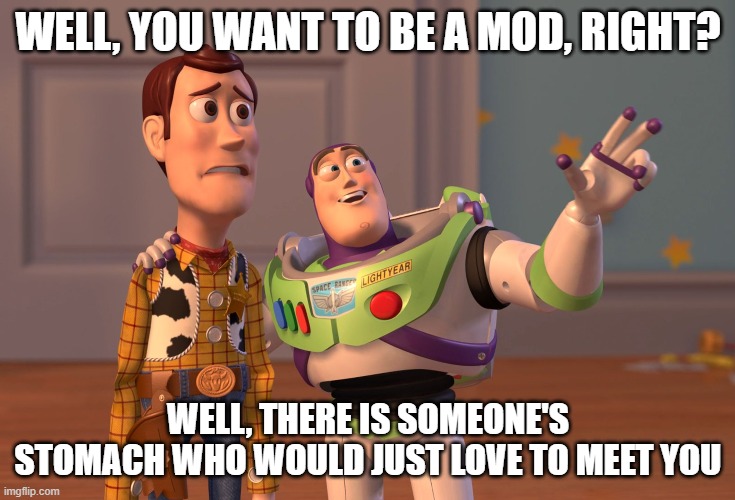 X, X Everywhere | WELL, YOU WANT TO BE A MOD, RIGHT? WELL, THERE IS SOMEONE'S STOMACH WHO WOULD JUST LOVE TO MEET YOU | image tagged in memes,x x everywhere | made w/ Imgflip meme maker