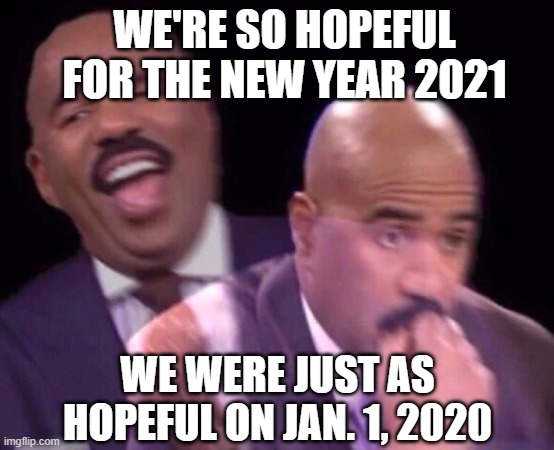 Steve Harvey Laughing Serious | WE'RE SO HOPEFUL FOR THE NEW YEAR 2021; WE WERE JUST AS HOPEFUL ON JAN. 1, 2020 | image tagged in steve harvey laughing serious | made w/ Imgflip meme maker