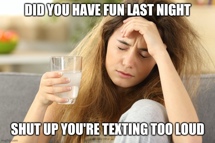 Hangover | DID YOU HAVE FUN LAST NIGHT; SHUT UP YOU'RE TEXTING TOO LOUD | image tagged in hangover | made w/ Imgflip meme maker