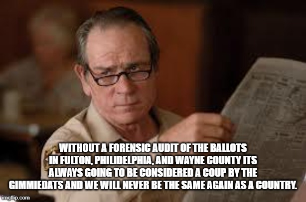 no country for old men tommy lee jones | WITHOUT A FORENSIC AUDIT OF THE BALLOTS IN FULTON, PHILIDELPHIA, AND WAYNE COUNTY ITS ALWAYS GOING TO BE CONSIDERED A COUP BY THE GIMMIEDATS | image tagged in no country for old men tommy lee jones | made w/ Imgflip meme maker