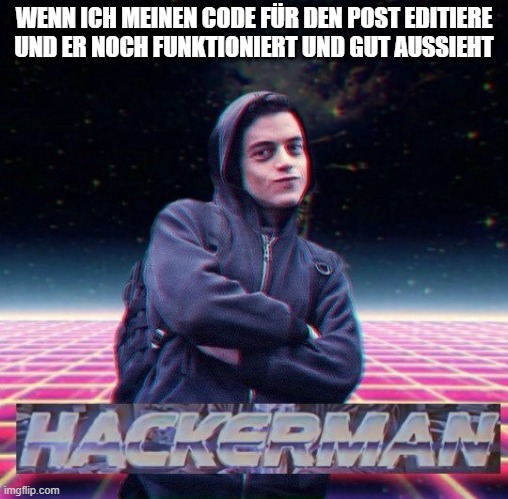 HackerMan | WENN ICH MEINEN CODE FÜR DEN POST EDITIERE UND ER NOCH FUNKTIONIERT UND GUT AUSSIEHT | image tagged in hackerman | made w/ Imgflip meme maker