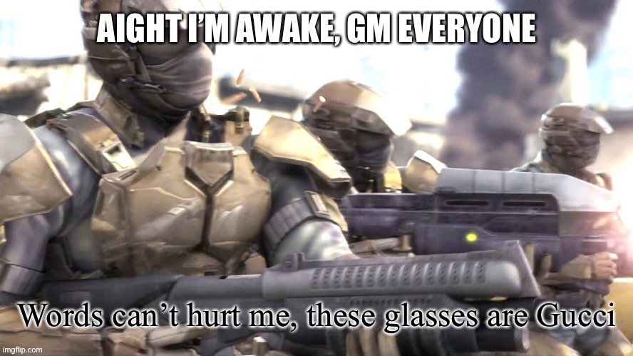 I got 8hr and 69mins if sleep | AIGHT I’M AWAKE, GM EVERYONE | image tagged in words can hurt me halo | made w/ Imgflip meme maker