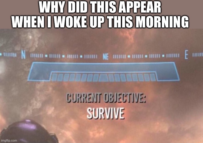 *loads ma5 with intent to defend reach* | WHY DID THIS APPEAR WHEN I WOKE UP THIS MORNING | image tagged in current objective survive | made w/ Imgflip meme maker