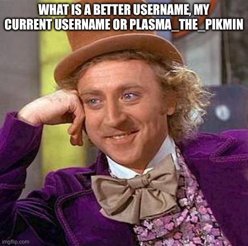 Creepy Condescending Wonka Meme | WHAT IS A BETTER USERNAME, MY CURRENT USERNAME OR PLASMA_THE_PIKMIN | image tagged in memes,creepy condescending wonka | made w/ Imgflip meme maker