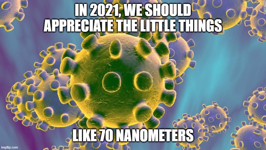 Coronavirus | IN 2021, WE SHOULD APPRECIATE THE LITTLE THINGS; LIKE 70 NANOMETERS | image tagged in coronavirus | made w/ Imgflip meme maker