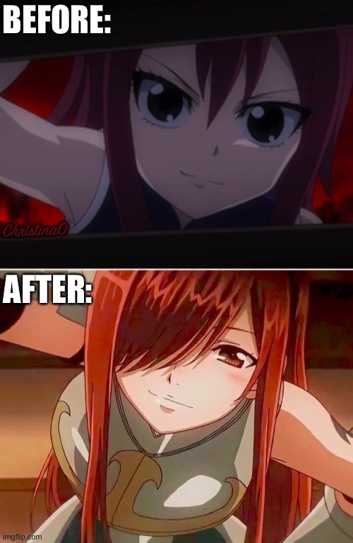 Erza GlowUpChallenge (Before / After) | BEFORE:; AFTER:; ChristinaO | image tagged in erza scarlet,fairy tail,fairy tail meme,glowupchallenge,before and after,fairy tail guild | made w/ Imgflip meme maker