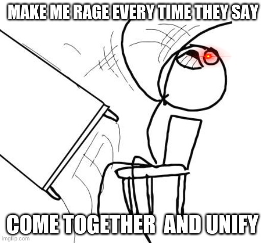 Table Flip Guy Meme | MAKE ME RAGE EVERY TIME THEY SAY COME TOGETHER  AND UNIFY | image tagged in memes,table flip guy | made w/ Imgflip meme maker