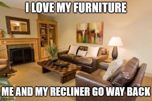 Furniture | I LOVE MY FURNITURE; ME AND MY RECLINER GO WAY BACK | image tagged in furniture | made w/ Imgflip meme maker