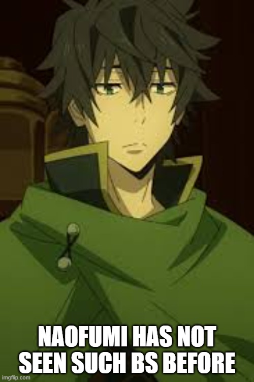 Lord Naofumi | NAOFUMI HAS NOT SEEN SUCH BS BEFORE | image tagged in anime,rising of the shield hero,bullshit | made w/ Imgflip meme maker