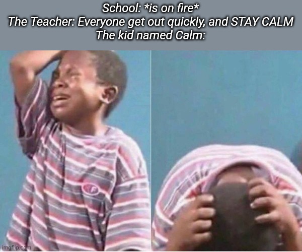 Crying kid | School: *is on fire*
The Teacher: Everyone get out quickly, and STAY CALM
The kid named Calm: | image tagged in crying kid,memes,funny memes | made w/ Imgflip meme maker