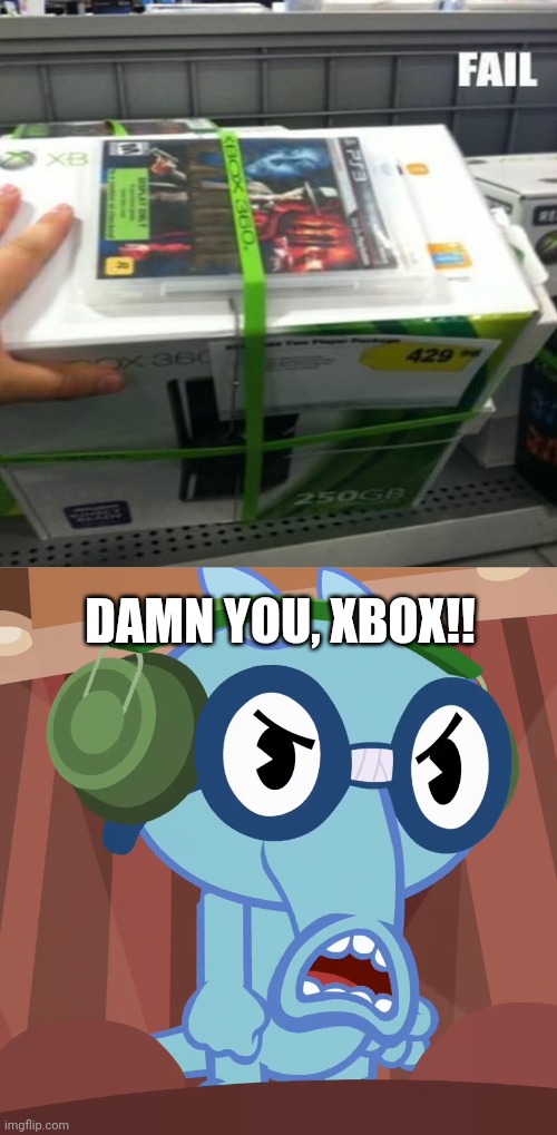 It's supposed to be for Xbox, Not Playstation!! | DAMN YOU, XBOX!! | image tagged in pissed-off sniffles htf,you had one job,ps3,xbox,task failed successfully,funny | made w/ Imgflip meme maker