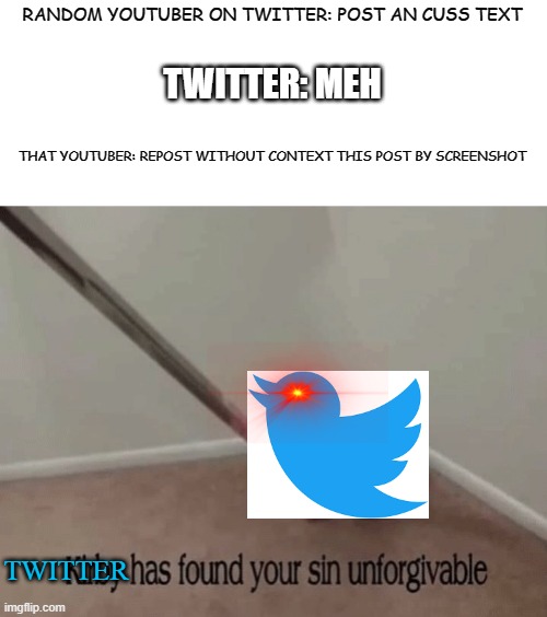 this happened to my favourite youtuber :( | RANDOM YOUTUBER ON TWITTER: POST AN CUSS TEXT; TWITTER: MEH; THAT YOUTUBER: REPOST WITHOUT CONTEXT THIS POST BY SCREENSHOT; TWITTER | image tagged in kirby has found your sin unforgivable,twitter | made w/ Imgflip meme maker