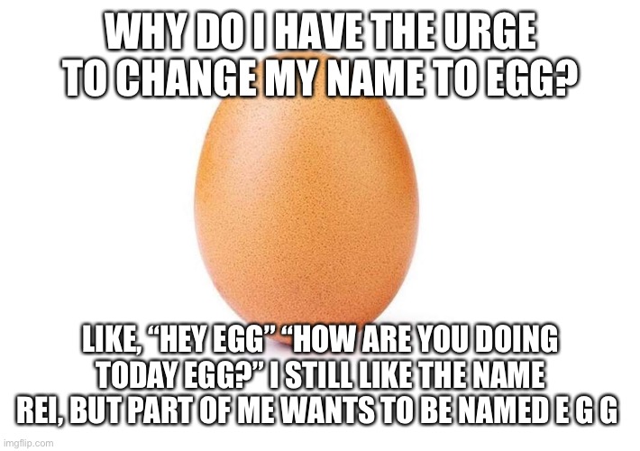 No this is not a joke, I seriously sometimes want to be named egg | WHY DO I HAVE THE URGE TO CHANGE MY NAME TO EGG? LIKE, “HEY EGG” “HOW ARE YOU DOING TODAY EGG?” I STILL LIKE THE NAME REI, BUT PART OF ME WANTS TO BE NAMED E G G | image tagged in eggbert | made w/ Imgflip meme maker