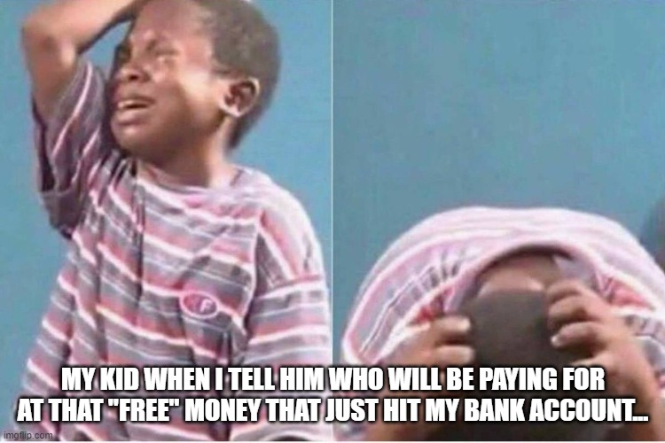 Crying kid | MY KID WHEN I TELL HIM WHO WILL BE PAYING FOR AT THAT "FREE" MONEY THAT JUST HIT MY BANK ACCOUNT... | image tagged in crying kid | made w/ Imgflip meme maker