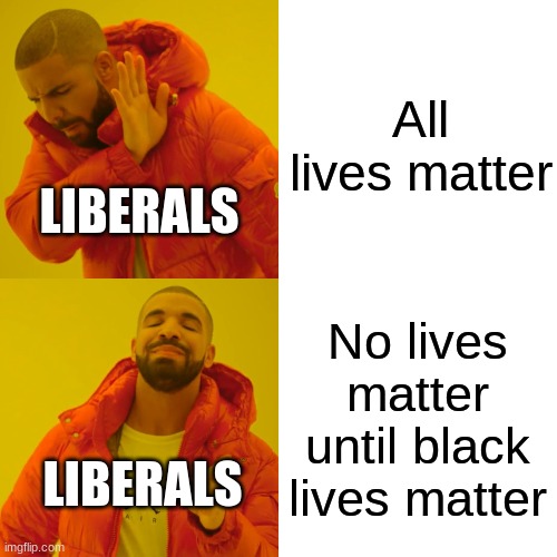 ????? | All lives matter; LIBERALS; No lives matter until black lives matter; LIBERALS | image tagged in memes,drake hotline bling | made w/ Imgflip meme maker