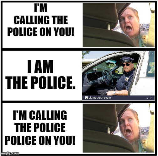 Karen meme | I'M CALLING THE POLICE ON YOU! I AM THE POLICE. I'M CALLING THE POLICE POLICE ON YOU! | image tagged in blank comic panel 1x3,karen,police,police officer,karens | made w/ Imgflip meme maker