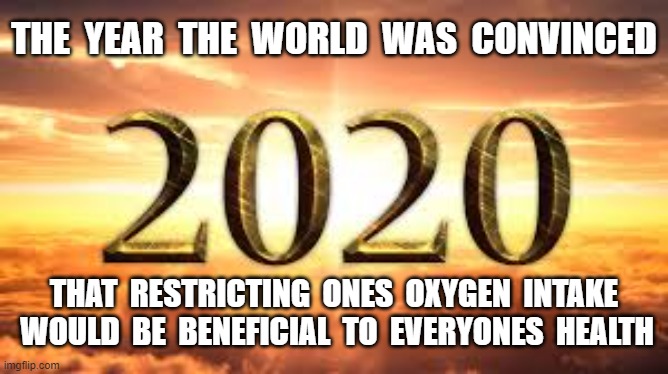 THE  YEAR  THE  WORLD  WAS  CONVINCED; THAT  RESTRICTING  ONES  OXYGEN  INTAKE  WOULD  BE  BENEFICIAL  TO  EVERYONES  HEALTH | image tagged in plandemic,masks,media lies,common sense | made w/ Imgflip meme maker