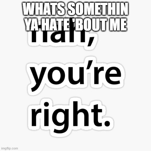 Nah you're right | WHATS SOMETHIN YA HATE 'BOUT ME | image tagged in nah you're right | made w/ Imgflip meme maker