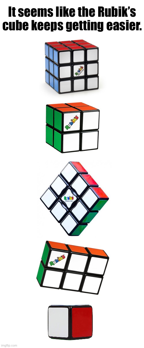 Maybe It’s Because Our Attention Spans Are Getting Shorter? | It seems like the Rubik’s cube keeps getting easier. | image tagged in funny memes,rubik's cube | made w/ Imgflip meme maker